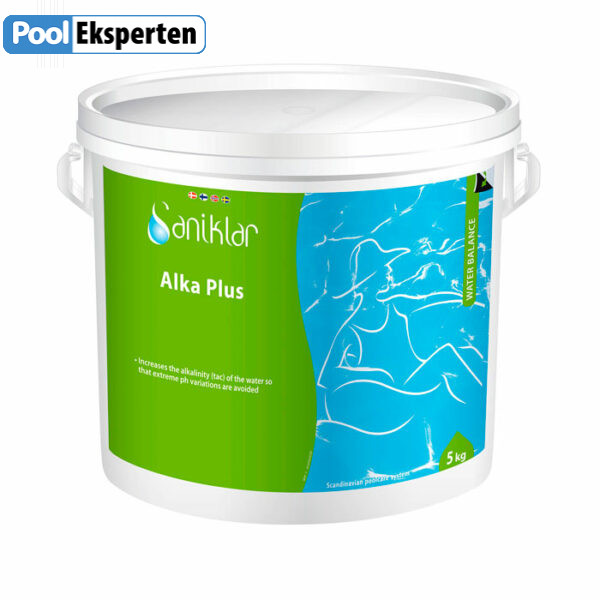 Alka Plus fra Saniklar hæver alkaliniteten i swimmingpools og hjælper med at balancere en stabil pH værdi.