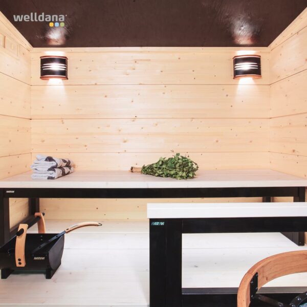 Harvia Solide 1 Sauna, 2.1x1.9m komplet Klar glas front, Gran, Virta 10.8kW ovn