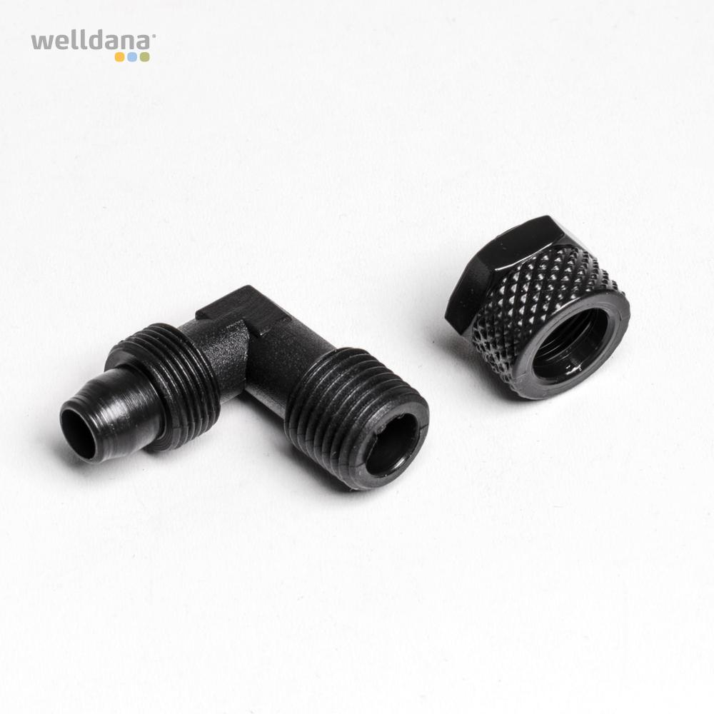 Adapter 90º ¼"x8/10 mm. m/omløber